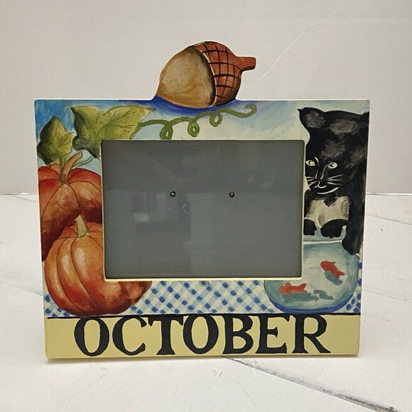 Vtg Exposures Hand Painted "October" Months of the Year 4X6 Picture Frame - Picture 1 of 11